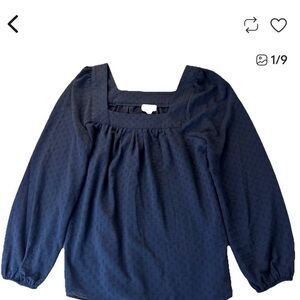 Wonderly Navy Square-Neck Long Sleeve Blouse. Spring Blouse